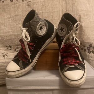 Converse Black High Top Sneakers with Red Plaid Laces